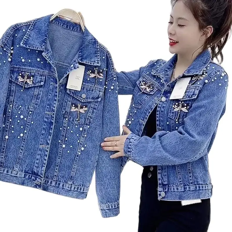 

Spring Ins Slim New Women's Denim Jacket Heavy Industry Dragonfly Beaded Fashion Foreign Style Short Jacket Trend Denim Jacket