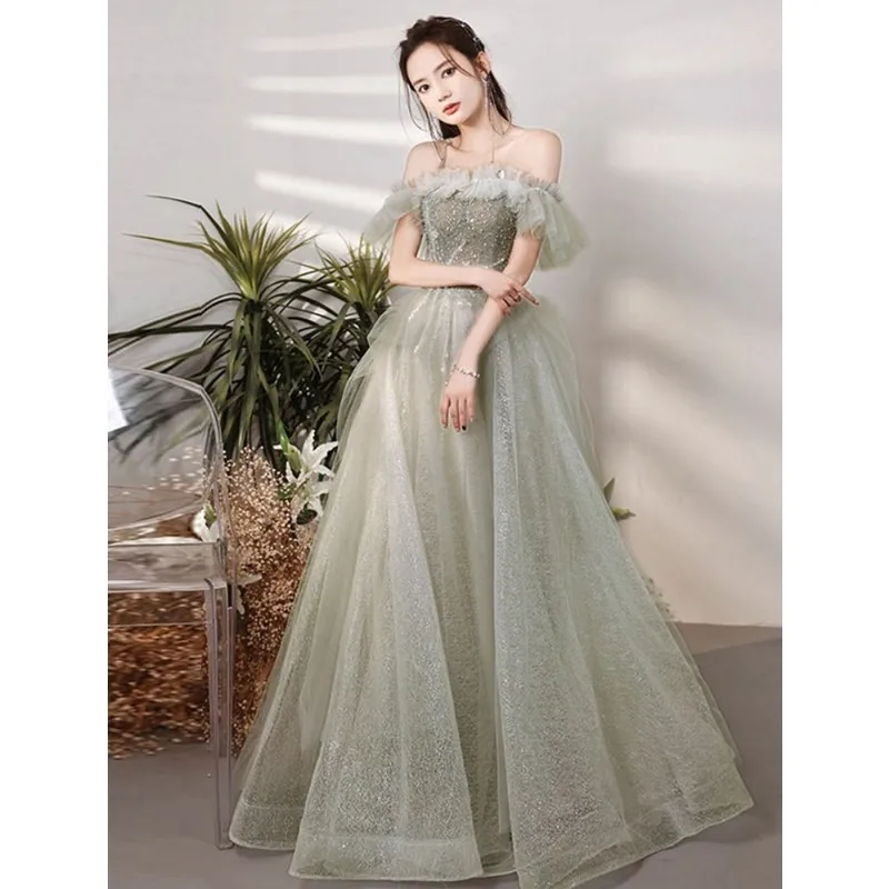 

Милое вечернее платье с оборками и открытыми плечами, элегантное блестящее длинное платье трапециевидной формы, новинка, простое платье из тюля, Vestido Longo Festa