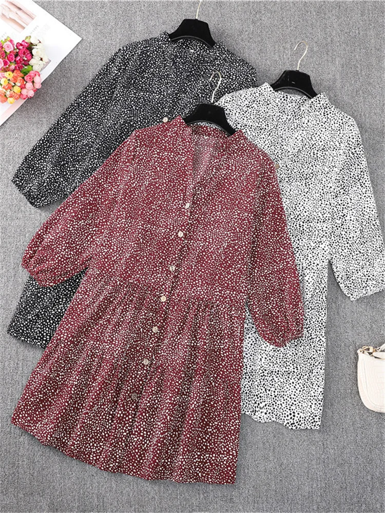 

Женское повседневное однобортное платье в горошек, Новое Элегантное короткое платье мини с V-образным вырезом и принтом, сарафан, женская од...