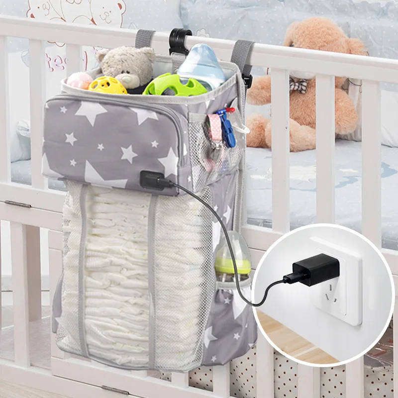 

Baby Bed Organizer Hanging Kid Bags for Mom Newborn Crib Diaper Storage Bags Babies Care Organizer Nursing Storage with USB