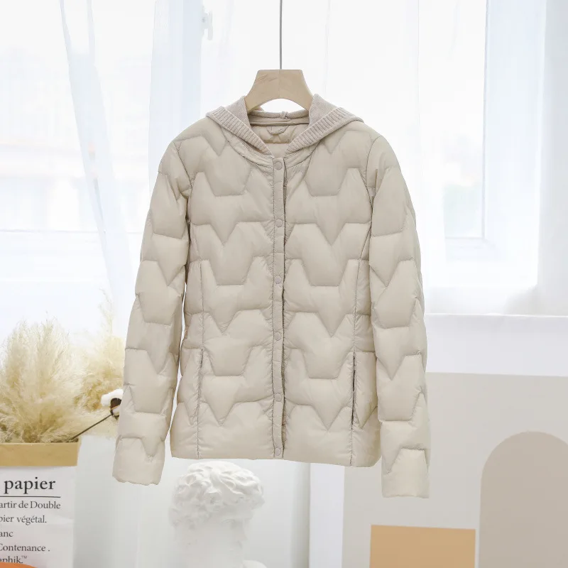 2022 Winter Knitted Hat Down Jacket Women Short Thin Round Neck Slim Warm White Duck Down Hooded Jacket