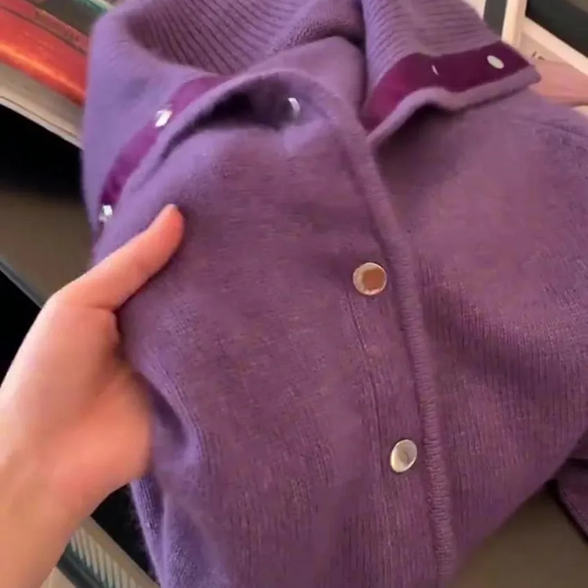 2024 фиолетовые женские однобортные вязаные толстые свободные свитера куртка