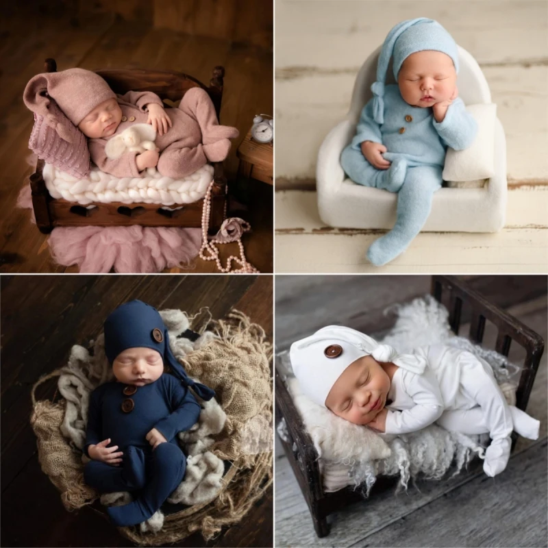 Newborn Baby Photography Props Full Sleeves Romper Outfits with Hat for Infant Toddler Studio Shooting Photo Accessories Props