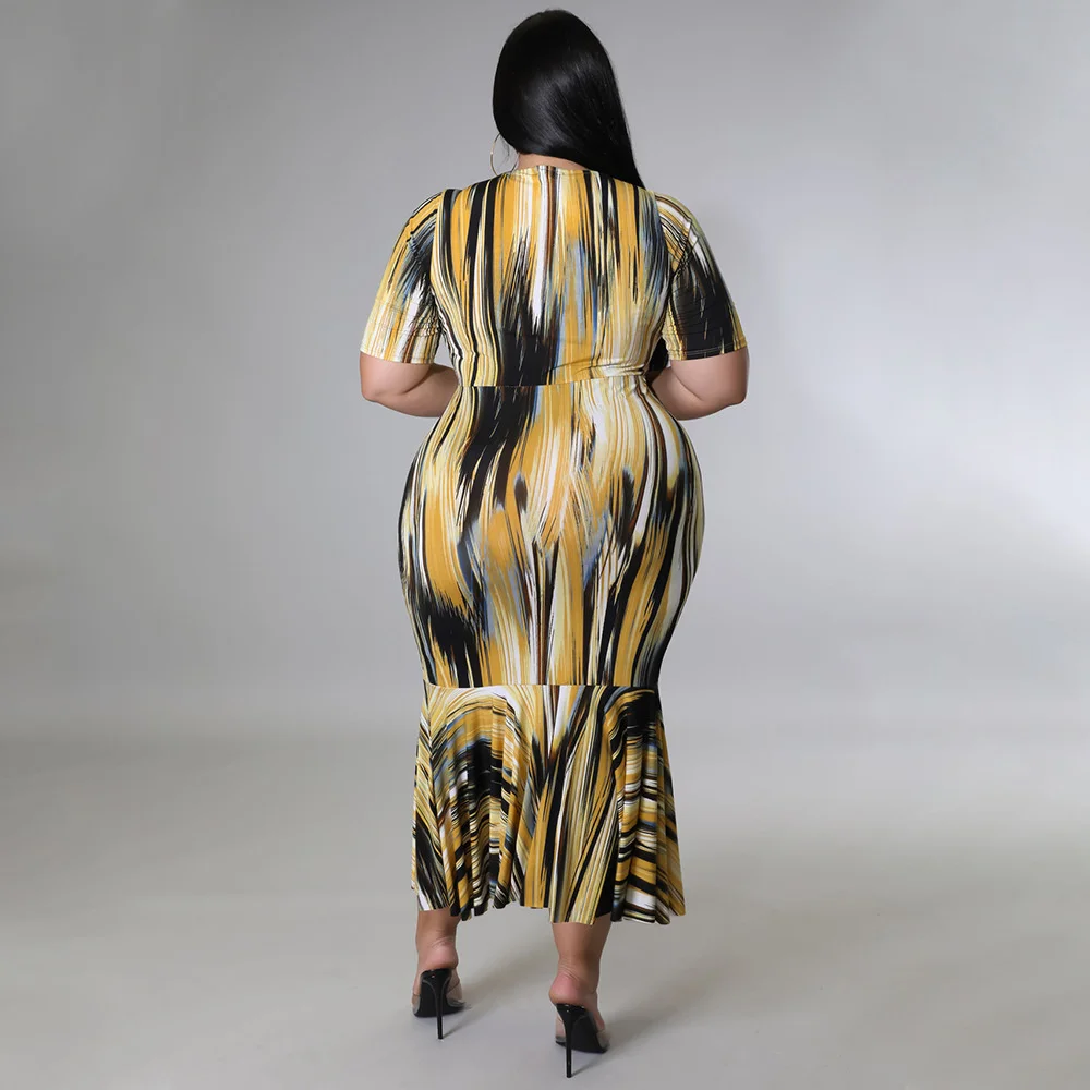 Plus Size Women Dress Tie Dye Ruffles Short Sleeve Printed Round Neck Party Dresses Casual Outfits Who 3xl 4xl 5xl 6xl