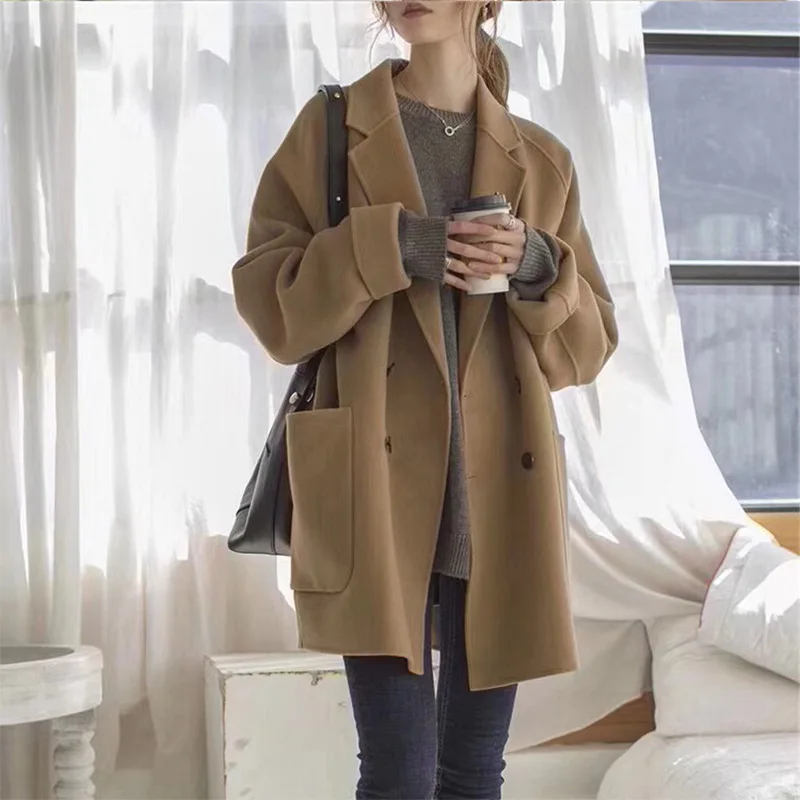 

Повседневное твидовое пальто 2023, модное двухстороннее кашемировое пальто для женщин, новая модная Высококачественная Короткая свободная шерстяная Женская куртка