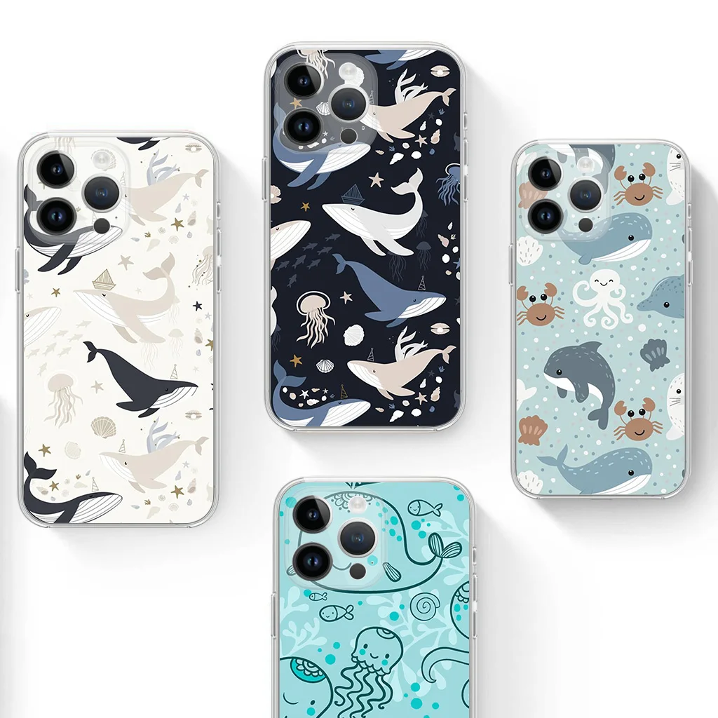 

Transparent Soft Case For Apple iPhone 11 13 14 Mini 12 Pro Max X XS XR 7 8 Plus 6 6S SE Phone Cover Marine Animals