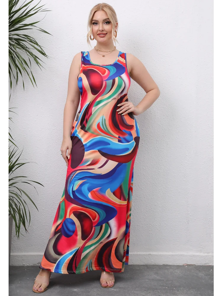 Women's Irregular Mixed Color Printing Long Tank Top Dress Casual Dress plus size dresses party dress