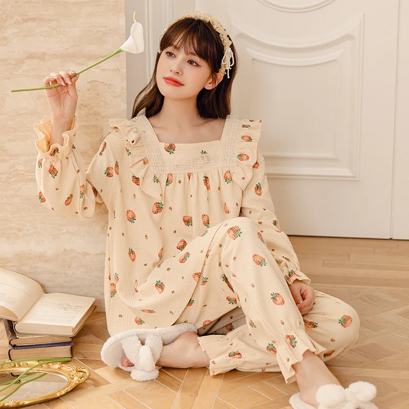 Women's Pajamas Spring Autumn Waffle Long Sleeves Sleepwear Set 2023 New Ruffled Sweet Housewear Clothes Pyjamas Female