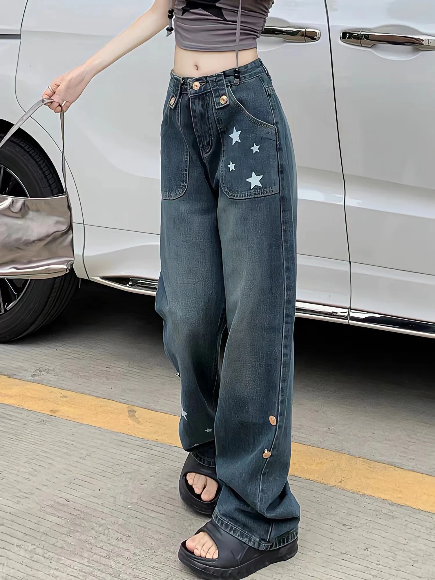 Chic Retro Stars Print Women Trousers Harajuku Loose Straight Wide Leg Denim Pants American Style Boyfriend Jeans Mopping Pants