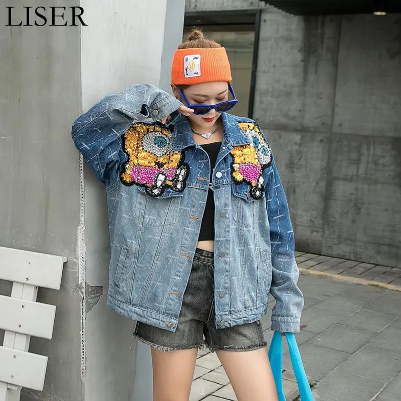 

Fashion Beaded Cartoon Contrast Color Denim Jacket 2022 Spring New Sequin Stitching Lapel Single-Breasted Jacket Women LL1010