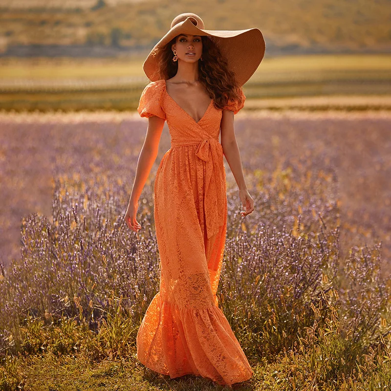 

Spring/Summer Fashion Solid Color Sexy Puff Sleeve V-Neck Lace Dress Women