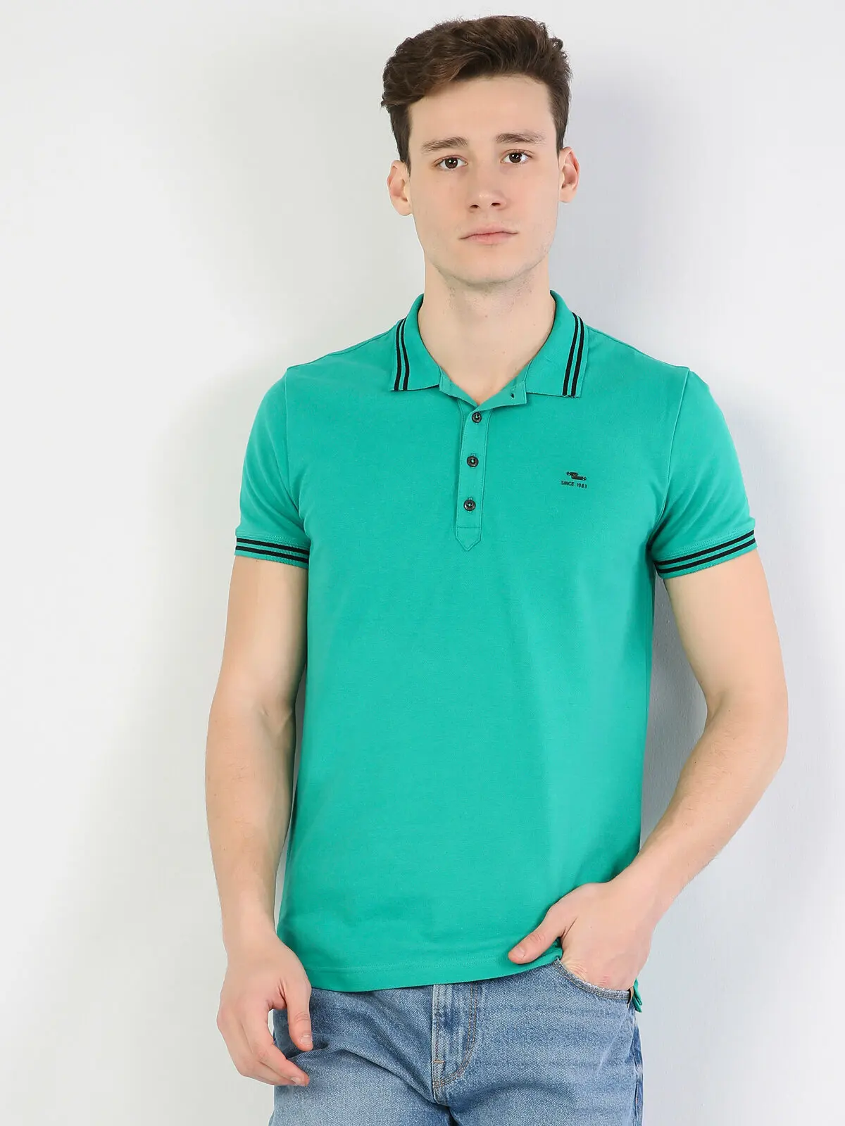 Мужские облегающие зеленые футболки поло с коротким рукавом Colins для мужчин