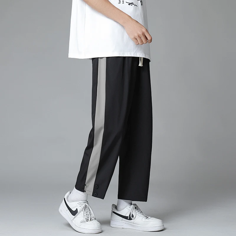 

ZCSMLL Ice Silk Pants Men's Thin Korean Stripe Nine Cent Fashion Loose Straight Sports Hip Pop Casual Pants Male