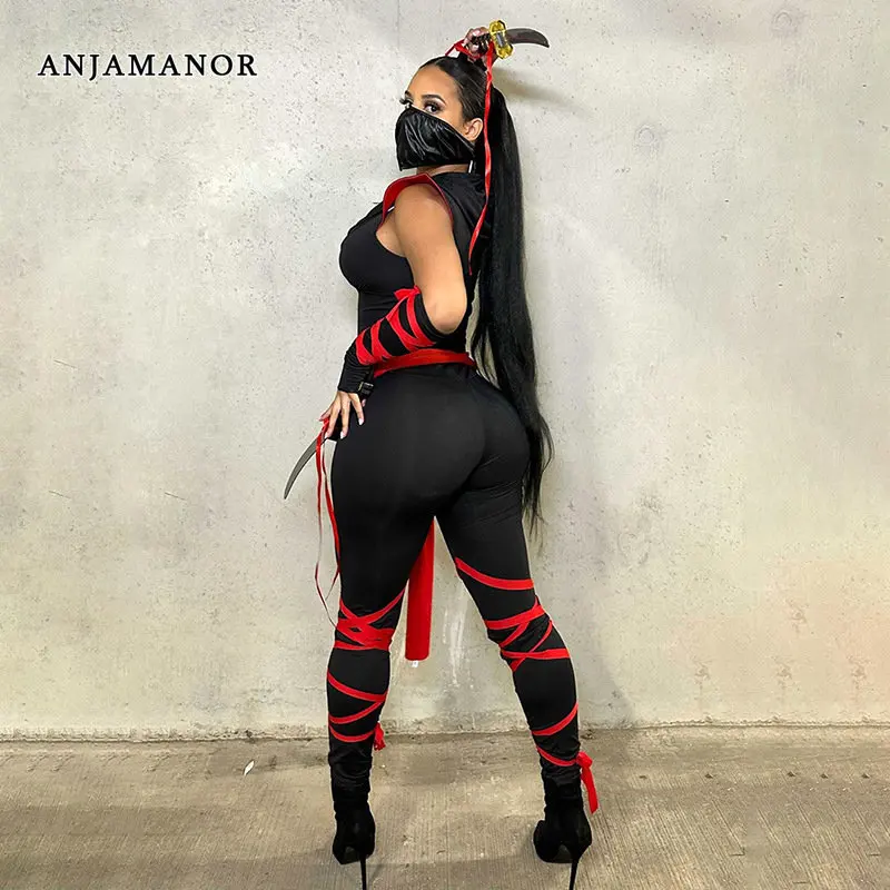 

ANJAMANOR Halloween Bandage Hooded Jumpsuit Streetwear Baddie Outfits Night Club Black Jumpsuits Woman Sexys Clothes D85-EZ41