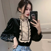 qweek vintage women velvet blouse casual stand collar double breasted puff long sleeve brown black shirt female spring autumn