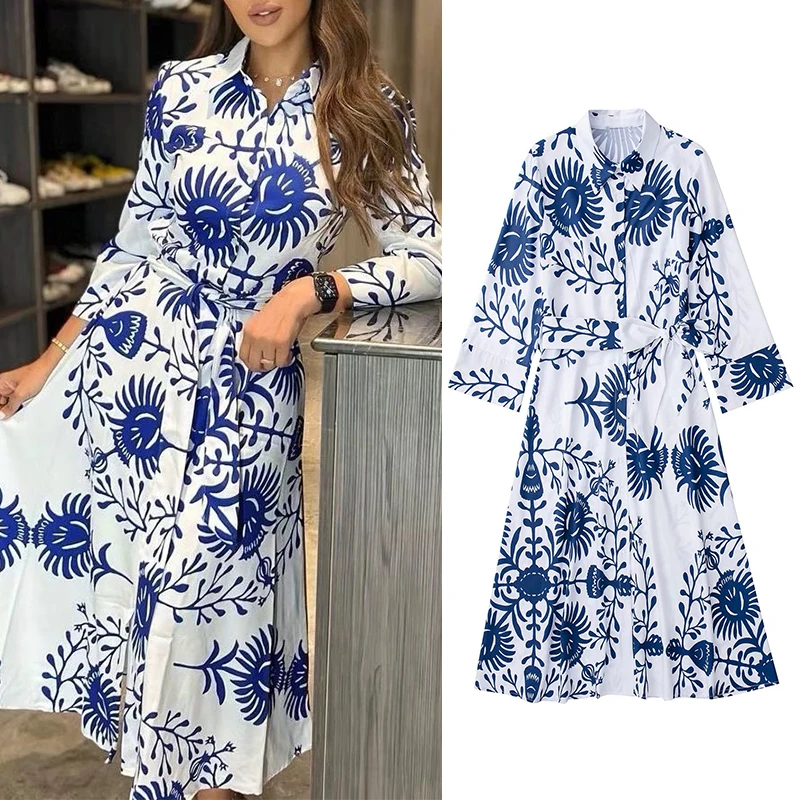 

2022 Spring Women Fashion Printed Shirt Dress Casual Long Sleeve Single-breasted Lapel With Belt Female Long Dress HH6627