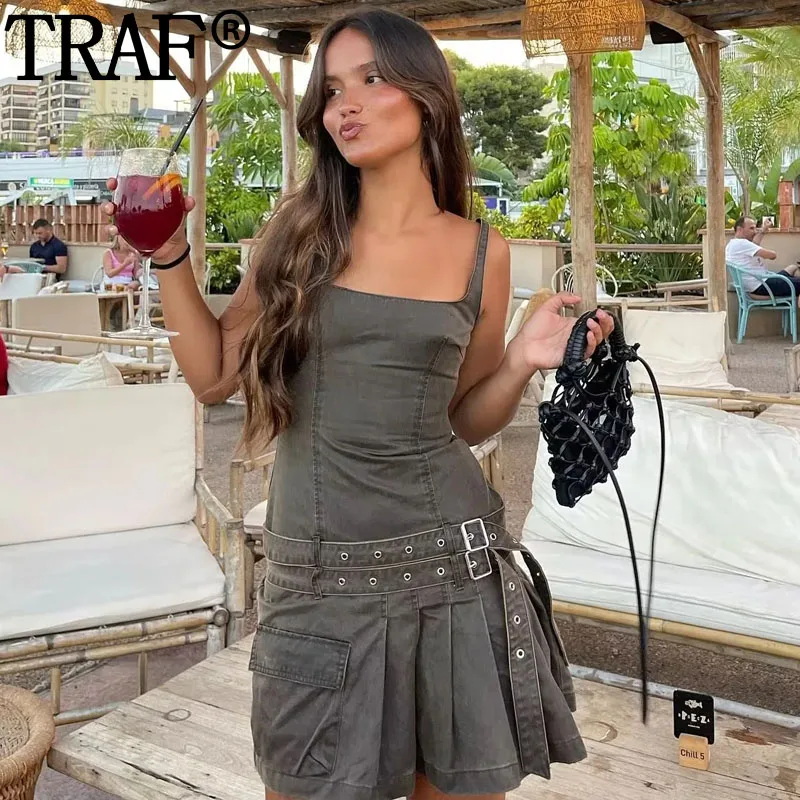 

TRAF 2023 Woman Brown Short Dresses For Women Sleeveless Slip Dress Summer Pleated Mini Dress Belt Backless Party Dresses