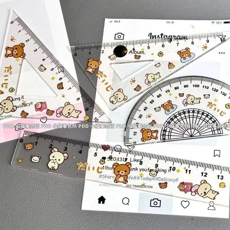 Фото Милый мультяшный набор линеек Rilakkuma, состоящий из четырех предметов: измерительные треугольники и линейки, необходимые для обучения. №3