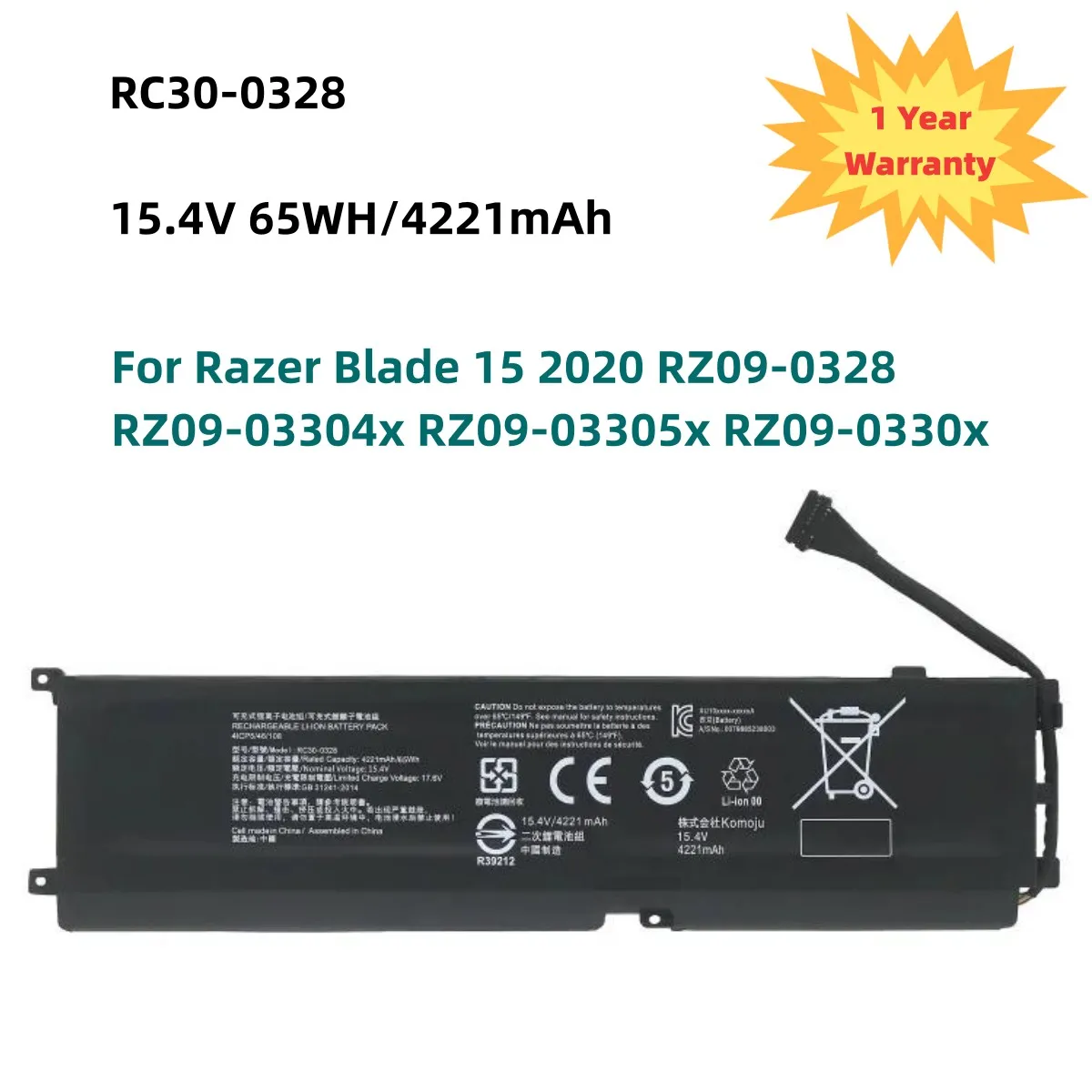 RC30-0328 Аккумулятор для ноутбука Razer Blade 15 2020 RZ09-0328 RZ09-03304x RZ09-03305x RZ09-0330x 4 В 4221 мАч/65WH