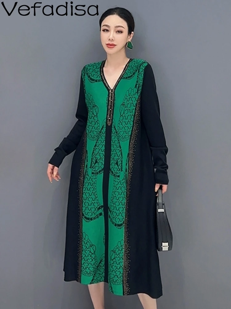 

Vefadisa 2023 Autumn New Casual V-neck Color Matching Fashion Dress Personalized Women's Wear Trendy Girl Green Dress ZY1951