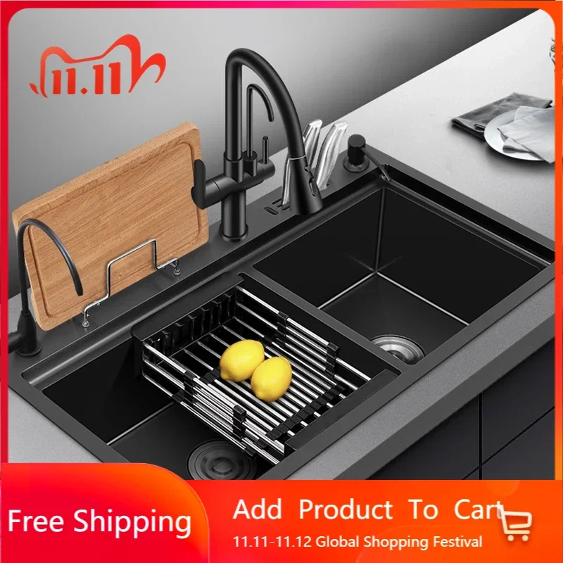 

Stainless Steel Kitchen Sink Basket Black Undermount Drain Pipe Nozzle Mixer Taps Sink Drain Kitchen Cuba Cozinha Kitchen Items
