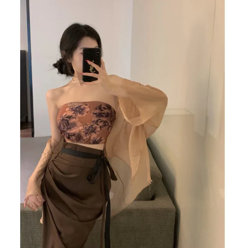 Женский шифоновый костюм-тройка с юбкой и кардиганом