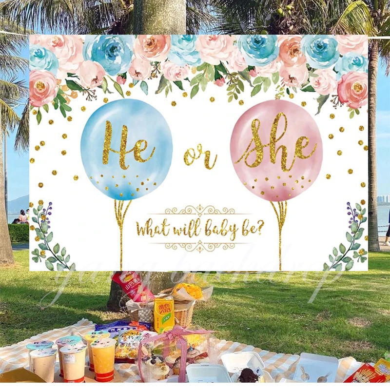 

Gender Reveal Backdrop Blue Pink Balloon Flower Newborn He Or She Baby Shower Custom Photography Background Photo Studio Banner