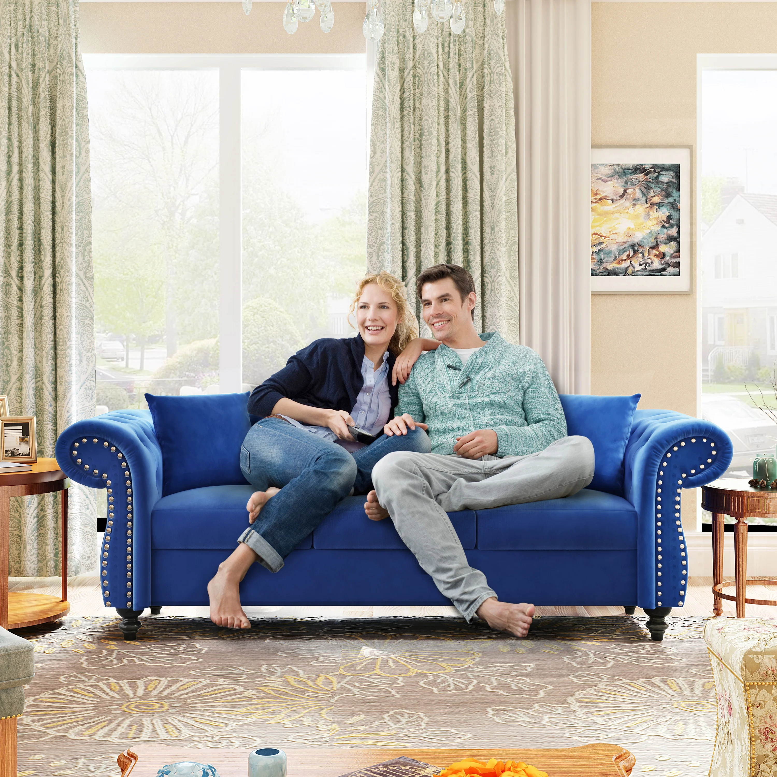 

80"Funiture Chesterfield Sofa Tufted Velvet Upholstered 3-Seater Sofa Scrolled Arms With Nailhead Decoration 3 Pillows Included