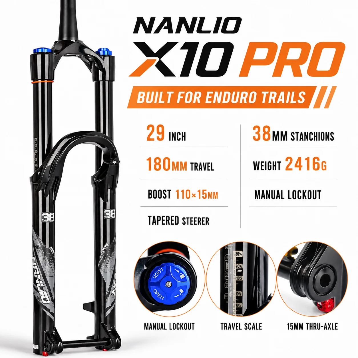 Фото Вилка для горного велосипеда NANLIO X10 PRO BOOST Oil Air MTB, ход 160/180 мм, шток 36/38 мм, сквозная ось 110x15 мм, 27.5/29 дюймов, для All Mountain и Enduro. №5