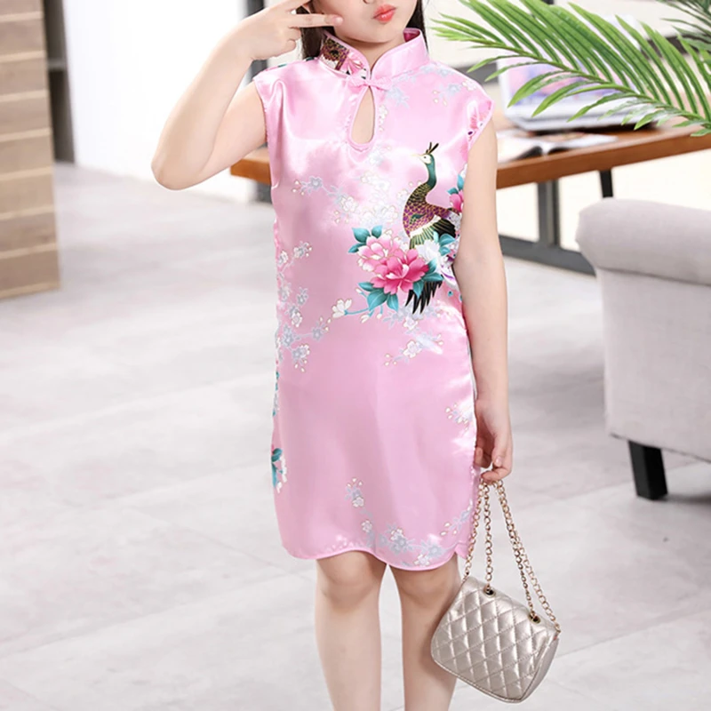 

Traditional Chinese Cheongsam For Girls Peacock Print Hanfu Dresses Kids Plaid Short Sleeve Qipao Princess Summer
