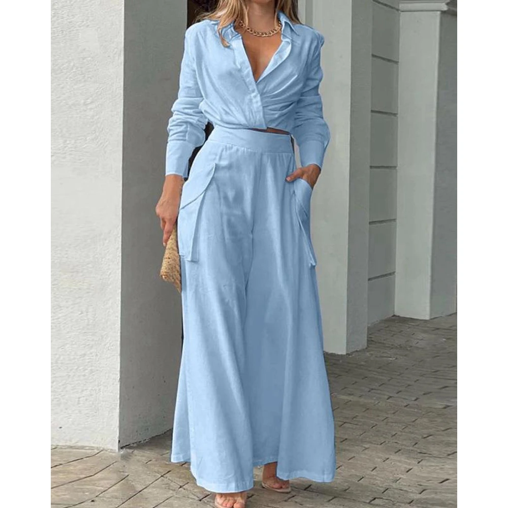 Women Casual V-Neck Ruched Long Sleeve Shirts & High Waist Pants Set Female Two Piece Suit Sets Outfits Set Summer Workwear