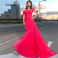 sumnus hot pink evening dress off the shoulder satin strapless prom gown long train elegant evening gowns formal women dresses