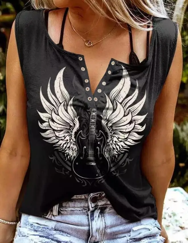 

Fashion New Women's Top Spring and Summer 2023 Casual Basic Guitar Wings Print eyeliner Decorative Sleeveless V-cut T-shirt