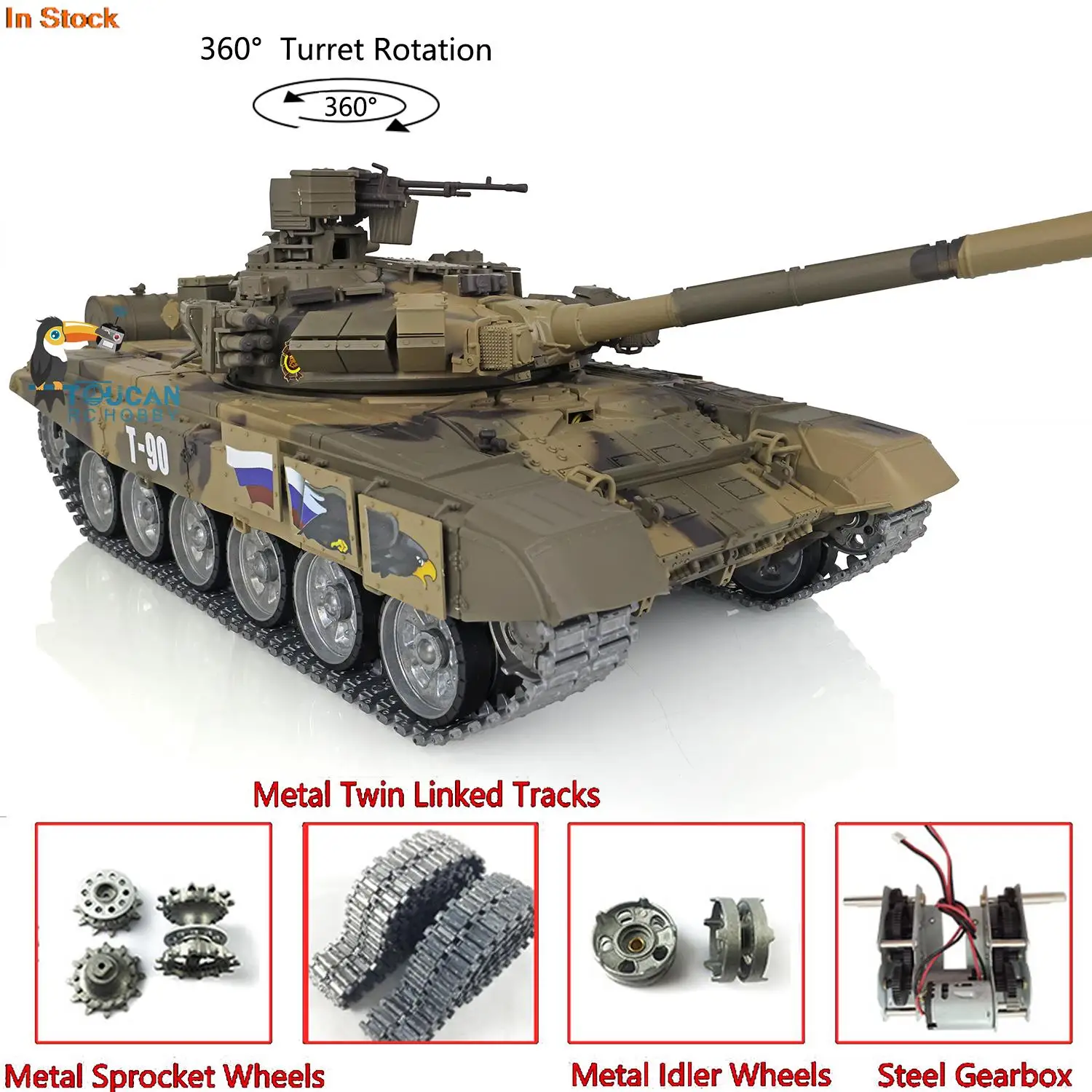 

Henglong Pro Ver 1/16 7.0 Russia T90 RC Tank 3938 360°Turret W/ Linkages Metal Tracks Wheels IR Battle Body Recoil TH17855-SMT7