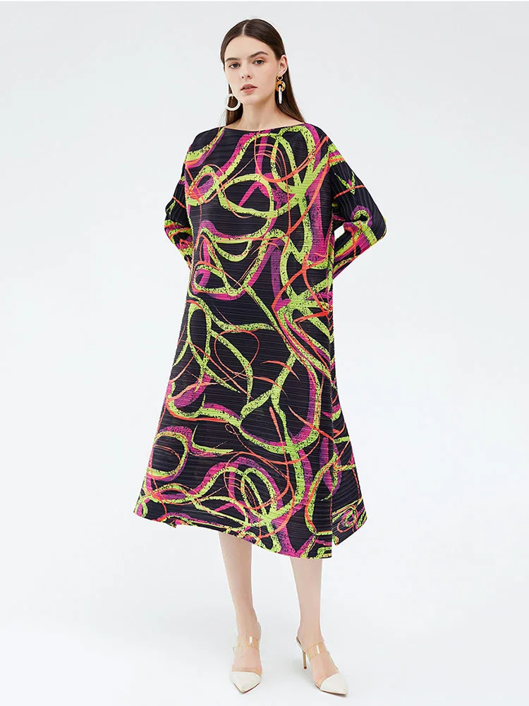 

Miyake Woman Pleated Dress Multicolor Striped Printing Long Sleeve Elastic Waist Loose Casual Style 2022 Autumn Fashion Dress