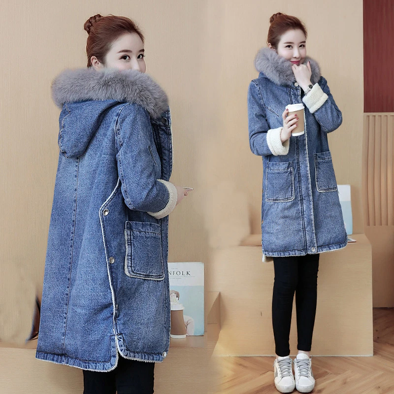 Winter New Korean Style Plus Cashmere Lamb Velvet Windbreaker Women Mid-length Coats Big Fur Collar Denim Cotton-padded Jackets