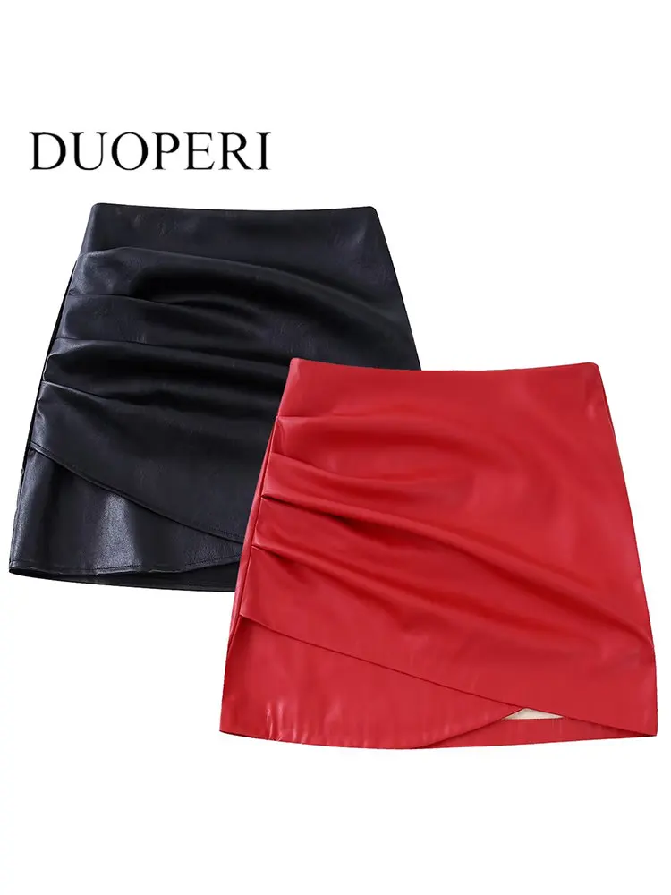 

DUOPERI Women Fashion PU Solid Pleated Side Zipper Mini Skirt Vintage High Waist Female Chic Lady Skirts Mujer Outfits