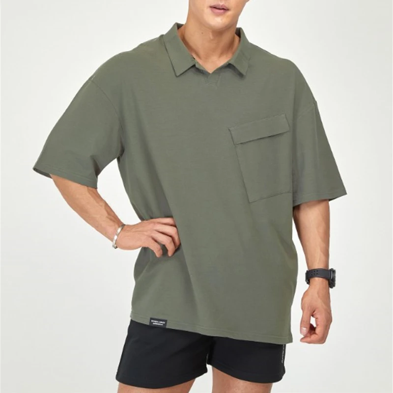 

2021 summer NEW style 5 colour M-3XL gym T Shirt Men Loose Cotton T-shirt turn-down collar Short Sleeve Running Workout Tees
