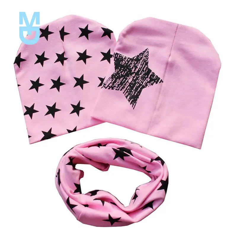 

New 1 Set Cotton Baby Hat Scarf Kids Hat Autumn Winter Children scarf-collar Boys Warm Beanies Star Print Infant Hats