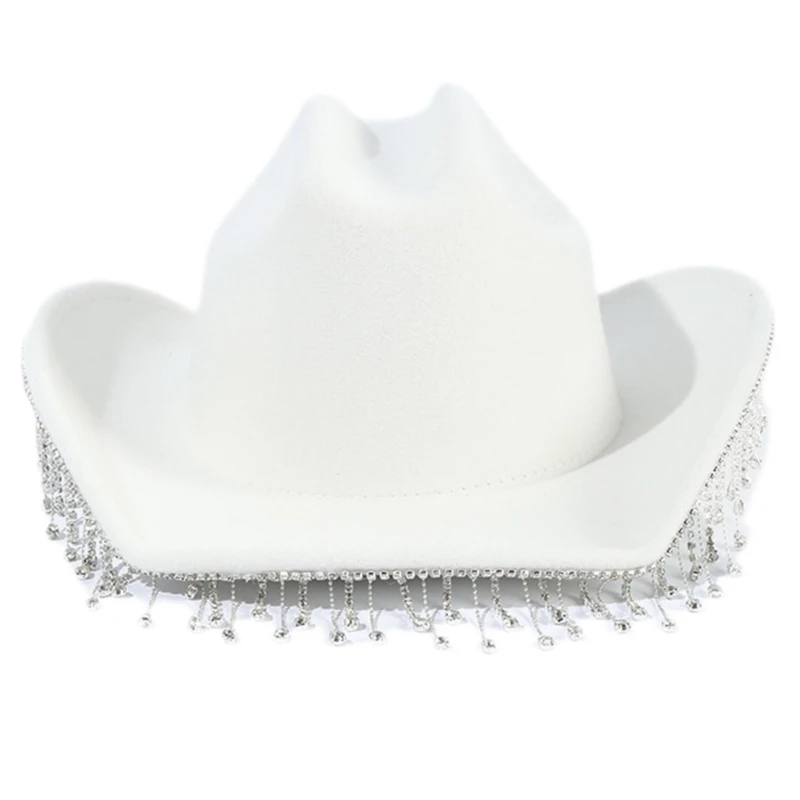 

Cowboy Hat with Rhinestones Tassels Glitter Cowgirl Hat 58cm/23" Cap Circumference Fit for Adults Women White Black