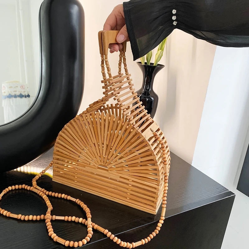 

Summer Hollow Out Bamboo Hand-woven Handbag Luxury Design Women's Wooden Handle Half Moon Bag Chain Crossbody Bag New Arrivals