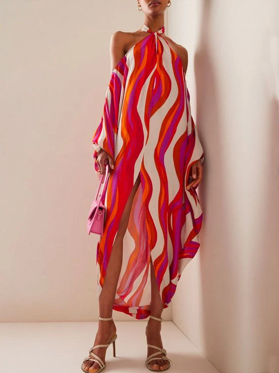

Women Fashion Pink Striped Print Bikini Matching Color Long Halter Swimsuit Fashion One Piece Beachwear Summer Elegant Swimwear