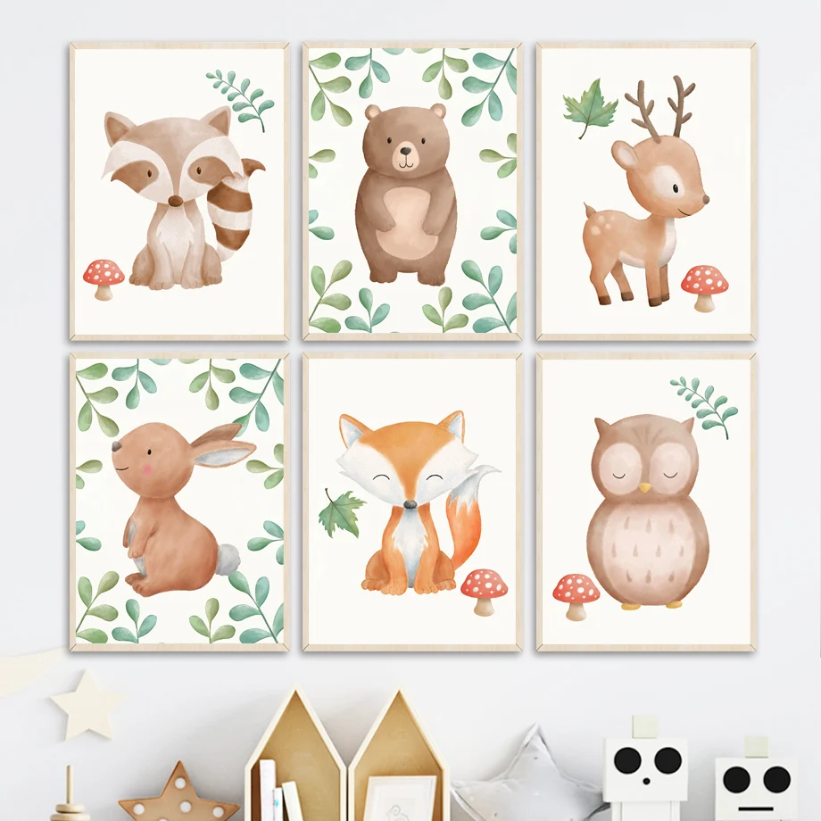 

Woodland Animal Rabbit Fox Bear Deer Racoon Owl Wall Art Canvas Painting Nordic Posters And Prints Wall Pictures Kids Room Decor