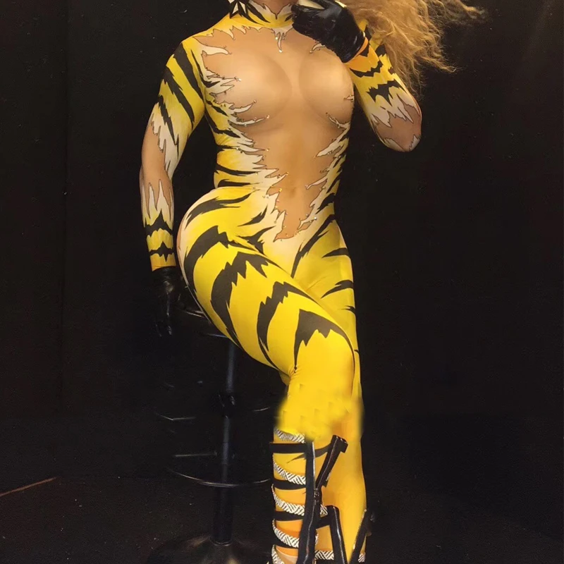 Соблазнительный тигровый комбинезон боди с блестящими кристаллами костюм для