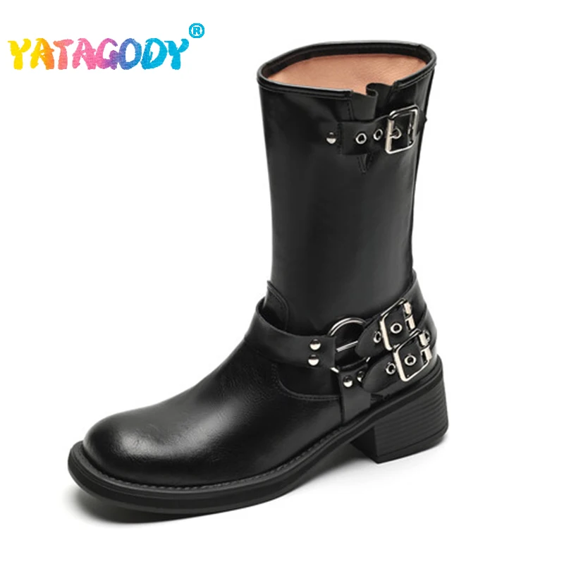 

Женские ботинки в стиле ретро YATAGODY, короткие ботинки из натуральной кожи на низком каблуке, женские ботинки в западном стиле с ремешком и пряжкой, размеры 34-41, для осени и зимы