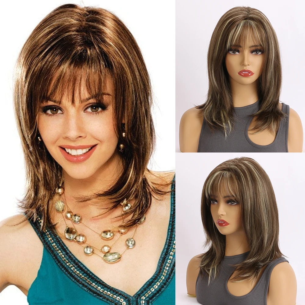 

Женский прямой парик средней длины, коричневый термостойкий синтетический парик с эффектом омбре и челкой, натуральный ежедневный парик