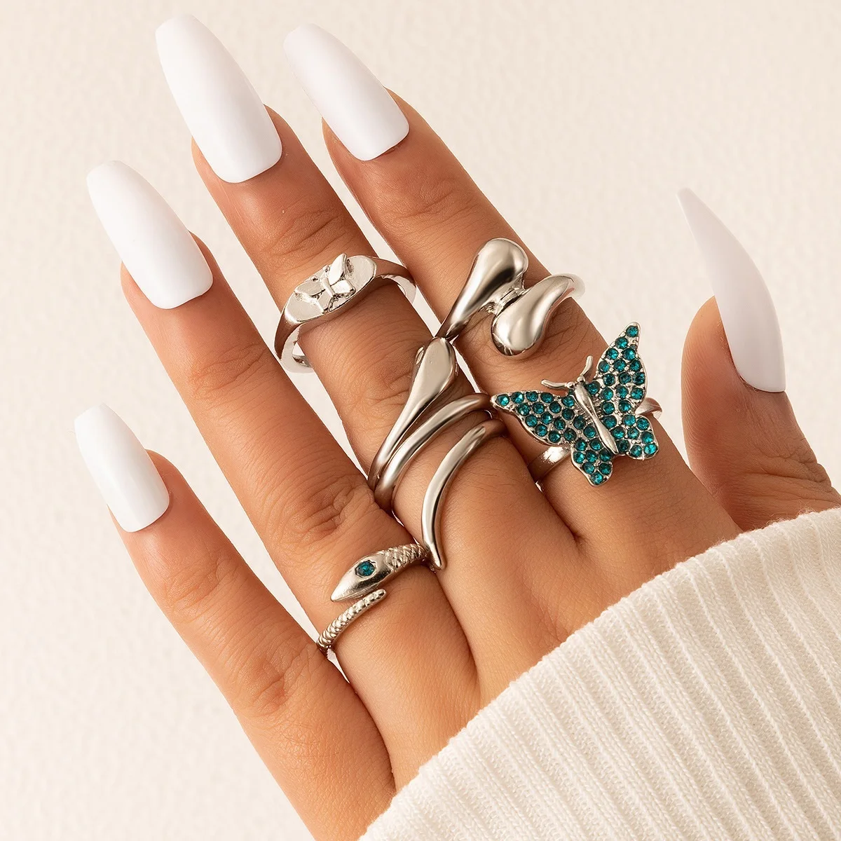 

New 2022 Blue Butterfly With Diamond Ring 5-piece Snake-like Irregular Ring Set