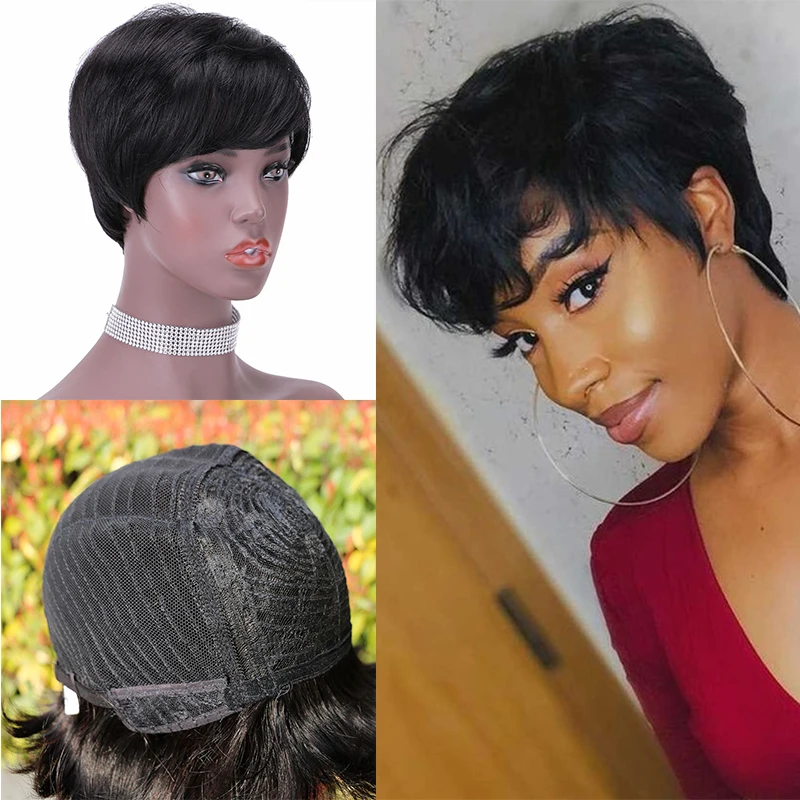 

6 inch Brazilain Human Hair Short Bob Straight Pixie Cut Wig Full machine Made Wig For Black Women