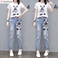 2022 summer new elegant womens pants set cartoon printed t shirt vintage hole jeans two piece set student casual wear short top