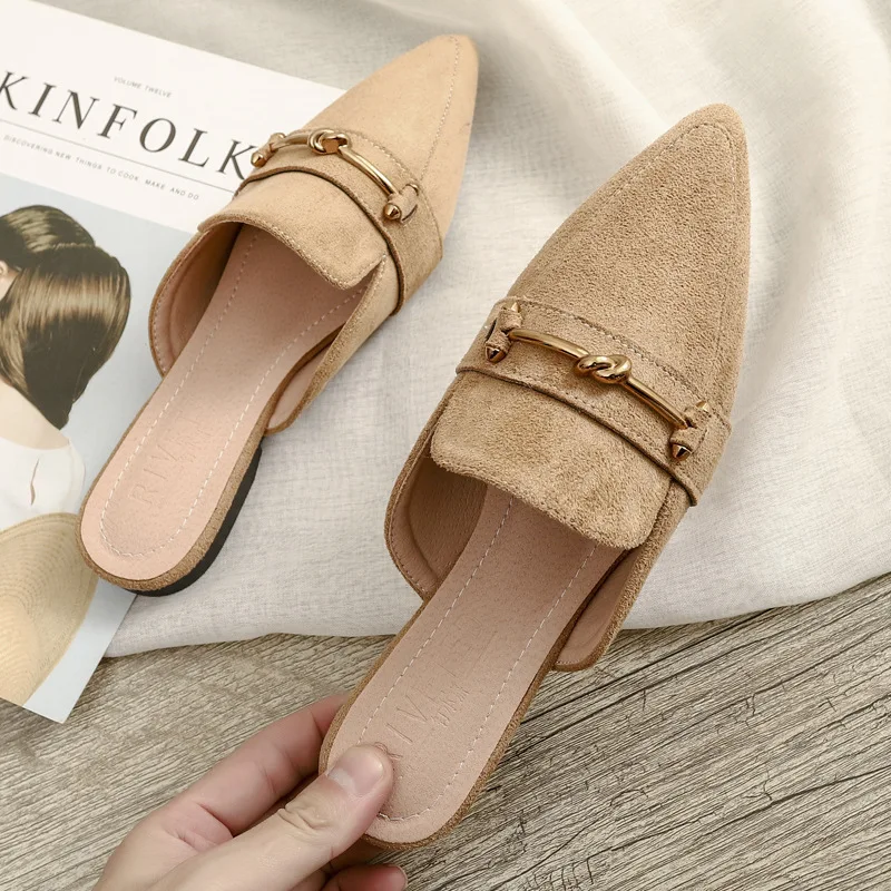 

New Summer New Fashion Wear Slippers Female Korean Pointed Suede Flat Flat Girl Mueller Shoes History Free Delivery35-42